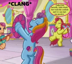 Size: 540x480 | Tagged: bongos, cropped, curtains, cymbals, derpibooru import, edit, edited screencap, fiesta flair, g3, maracas, mirror, mish mash mee, musical instrument, pinkie pie and the ladybug jamboree, safe, screencap, sound effect, sparkleworks, speech bubble, sunny daze (g3), text, ukulele