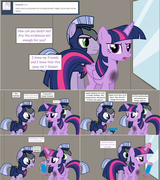 Size: 1284x1444 | Tagged: safe, artist:hakunohamikage, derpibooru import, twilight sparkle, twilight sparkle (alicorn), alicorn, pony, ask-princesssparkle, armor, ask, dusk guard, magic, tumblr