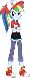 Size: 1402x3668 | Tagged: safe, artist:sketchmcreations, derpibooru import, rainbow dash, epic fails (equestria girls), eqg summertime shorts, equestria girls, good vibes, cap, clothes, commission, converse, crossed arms, cute, female, hat, looking at you, pants, shoes, simple background, sneakers, socks, solo, transparent background, vector