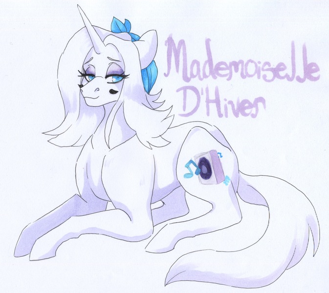 Size: 2597x2317 | Tagged: safe, artist:frozensoulpony, derpibooru import, oc, oc:mademoiselle d'hiver, pony, unicorn, female, high res, mare, offspring, parent:fancypants, parent:fleur-de-lis, parents:fancyfleur, prone, solo, traditional art