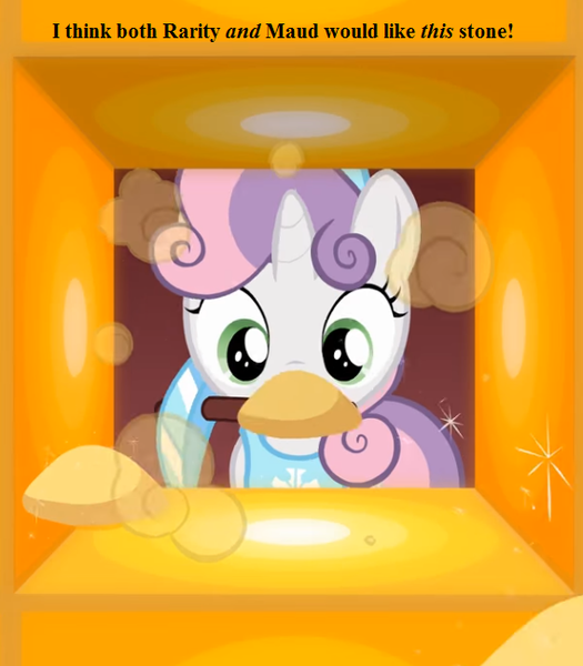 Size: 567x648 | Tagged: safe, artist:jan, derpibooru import, edit, sweetie belle, pony, don't mine at night, cropped, diamond pickaxe, glowstone, implied maud pie, implied rarity, minecraft, nether (minecraft), pickaxe, solo