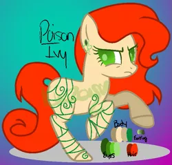 Size: 653x625 | Tagged: safe, artist:knightowlgurl, artist:monsterbunnies, derpibooru import, oc, oc:poison ivy (ice1517), unofficial characters only, earth pony, pony, base used, batman, dc comics, ear piercing, earring, female, gradient background, jewelry, mare, piercing, poison ivy, solo, tattoo, unamused, vine