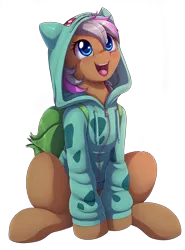 Size: 2150x2900 | Tagged: safe, artist:evomanaphy, derpibooru import, oc, unofficial characters only, bulbasaur, pony, clothes, commission, cute, hoodie, ocbetes, open mouth, pokémon, simple background, solo, transparent background