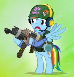 Size: 900x932 | Tagged: safe, artist:pixelkitties, derpibooru import, rainbow dash, pegasus, pony, alien (franchise), bipedal, crossover, duct tape, female, flamethrower, full metal jacket, gun, m240 incinerator unit, m41a pulse rifle, mare, rifle, solo, tape, weapon