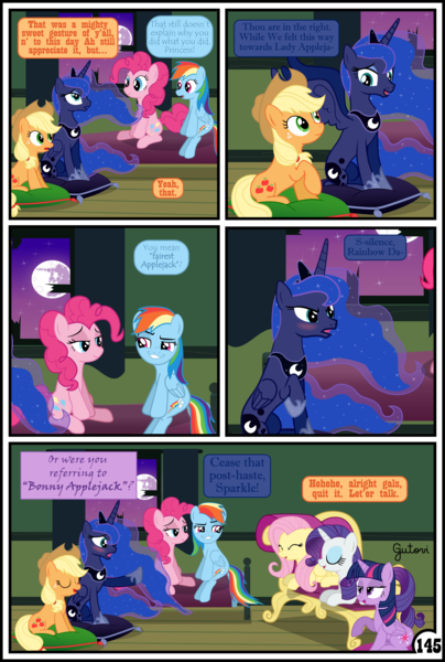 Size: 3254x4837 | Tagged: safe, artist:gutovi, derpibooru import, applejack, fluttershy, pinkie pie, princess luna, rainbow dash, rarity, twilight sparkle, twilight sparkle (alicorn), alicorn, earth pony, pegasus, pony, unicorn, comic:why me!?, bed, broken window, comic, couch, cushion, faic, mane six, mare in the moon, moon, smug, smugdash, window