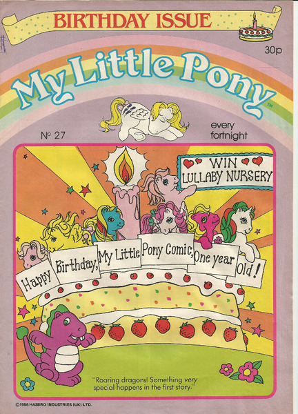 Size: 720x1000 | Tagged: baby, baby applejack, baby dragon, baby glory, baby heart throb, baby lickety split, baby lofty, baby shady, birthday cake, birthday issue, cake, candle, comic:my little pony (g1), cover, derpibooru import, dragon, food, g1, majesty, official, official comic, popping out of a cake, safe, spike (g1), surprise