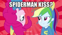 Size: 900x506 | Tagged: safe, derpibooru import, edit, edited screencap, screencap, pinkie pie, rainbow dash, equestria girls, equestria girls (movie), caption, clothes, female, helping twilight win the crown, image macro, lesbian, looking at each other, meme, pinkiedash, shipping, smiling, sunburst background, sweater, text, upside down, wondercolts