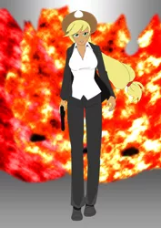 Size: 2480x3507 | Tagged: applejack, artist:loudnoises, artist:nkpunch, badass, clothes, cool guys don't look at explosions, crossover, derpibooru import, explosion, female, gray background, gun, handgun, hat, human, humanized, john wick, parody, pistol, safe, simple background, solo, suit, walking away from explosion, weapon