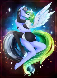 Size: 2009x2751 | Tagged: suggestive, artist:koveliana, derpibooru import, oc, oc:ryo(j), oc:sumica, anthro, pegasus, unguligrade anthro, unicorn, breasts, clothed female nude male, clothes, dress, evening gloves, female, gloves, image, kissing, long gloves, looking at each other, male, png, snuggling, socks, stockings, straight, sumyo, thigh highs