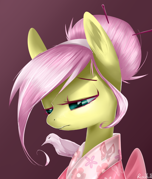 Size: 1700x2000 | Tagged: safe, artist:rosefluffdraws, derpibooru import, fluttershy, bird, pegasus, pony, alternate hairstyle, bust, clothes, female, gradient background, hair bun, kimono (clothing), lidded eyes, looking down, mare, portrait, sad, solo