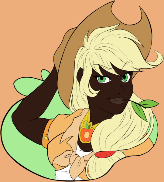 Size: 1351x1500 | Tagged: safe, artist:g-blue16, artist:icey-wicey-1517, color edit, derpibooru import, edit, applejack, human, apple, applejack's hat, arm behind head, clothes, colored, cowboy hat, dark skin, element of honesty, female, food, hat, humanized, leaf, orange background, simple background, solo, straw in mouth, tanktop, twig