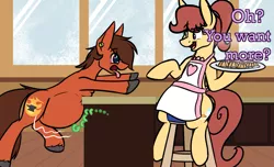 Size: 1449x879 | Tagged: suggestive, artist:snickerdoodle-mod, derpibooru import, oc, oc:lingering ember, oc:snicker doodle, unofficial characters only, earth pony, pony, tumblr:snicker doodle's bakery, apron, bakery, belly, big belly, clothes, dessert, dialogue, duo, female, fetish fuel, food, hypnosis, hypnotized, kaa eyes, male, sitting, squishy, stomach noise, stool, stuffed, stuffing, swirly eyes, weight gain sequence