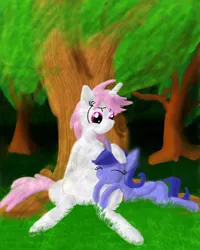 Size: 800x1000 | Tagged: safe, artist:sixes&sevens, derpibooru import, princess celestia, princess luna, alicorn, pony, fanfic, cewestia, fanfic art, fanfic cover, female, filly, folded wings, forest, messy mane, siblings, sisters, sleeping, smiling, under the tree, wings, woona, younger