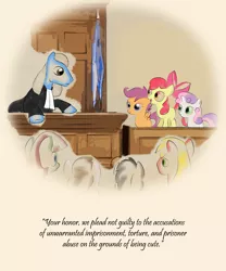 Size: 1500x1800 | Tagged: safe, artist:zaid val'roa, derpibooru import, apple bloom, big macintosh, scootaloo, sweetie belle, earth pony, pegasus, pony, unicorn, bow, caption, courtroom, courtroom sketch, cutie mark crusaders, fanfic art, flag, hair bow, judge