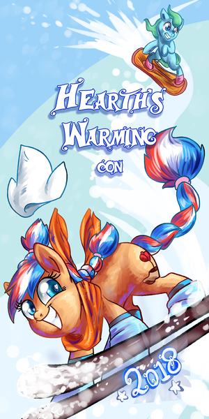 Size: 3937x7874 | Tagged: safe, artist:avui, derpibooru import, oc, oc:ember, oc:glace (hwcon), unofficial characters only, earth pony, pony, colt, duo, dutch cap, female, hat, hearth's warming con, hearth's warming con 2018, male, mare, mascot, netherlands, skiing, skis, snowboard, snowboarding