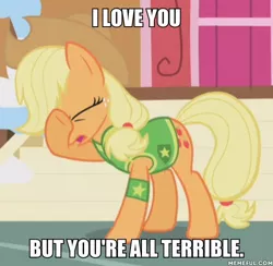 Size: 600x586 | Tagged: safe, derpibooru import, edit, edited screencap, screencap, applejack, earth pony, pony, winter wrap up, armband, bob's burgers, caption, cropped, eyes closed, facehoof, female, image macro, mare, meme, plant team, solo, text, winter wrap up vest