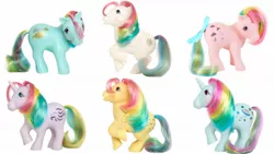 Size: 1280x720 | Tagged: safe, derpibooru import, moonstone, parasol (g1), skydancer, starshine, sunlight (g1), windy (g1), pony, brushable, g1, rainbow ponies, toy