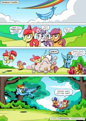 Size: 955x1351 | Tagged: safe, artist:mysticalpha, derpibooru import, apple bloom, rainbow dash, scootaloo, sweetie belle, earth pony, pegasus, pony, unicorn, :>, ball of violence, bow, chase, cloud, comic, cutie mark crusaders, d:, didn't think this through, eyes on the prize, feather, female, fight, filly, flying, frown, glare, hair bow, helmet, jumping, lidded eyes, looking at something, looking back, looking up, mare, open mouth, pointing, rainbow dumb, rainbow trail, reaching, running, scared, scooter, sky, smiling, smirk, spread wings, tree, wagon, wat, wavy mouth, wide eyes, wings