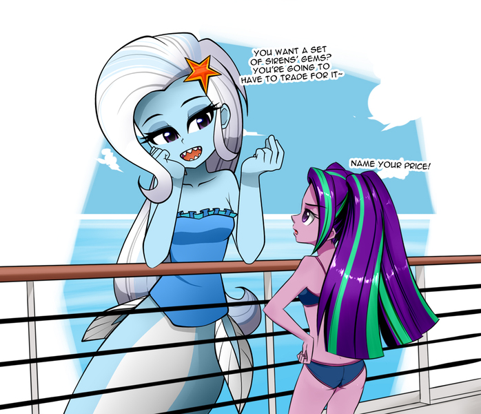 Size: 1200x1031 | Tagged: safe, artist:nekojackun, artist:twilite-sparkleplz, derpibooru import, aria blaze, trixie, mermaid, sunset's fantastic fishing, equestria girls, rainbow rocks, bedroom eyes, bikini, boat, clothes, female, mermaidized, midriff, size difference, smiling, species swap, swimsuit