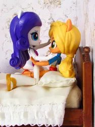 Size: 1350x1800 | Tagged: safe, artist:whatthehell!?, derpibooru import, applejack, rarity, equestria girls, equestria girls series, bed, bedroom, clothes, cute, doll, equestria girls minis, female, irl, lesbian, photo, ponied up, rarijack, sandals, shipping, stars, swimsuit, toy