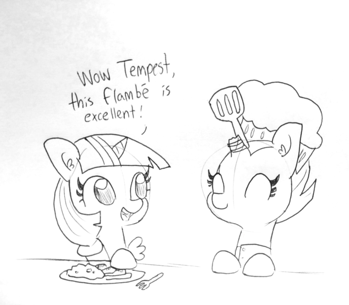 Size: 1651x1440 | Tagged: safe, artist:tjpones, derpibooru import, fizzlepop berrytwist, tempest shadow, twilight sparkle, twilight sparkle (alicorn), alicorn, pony, unicorn, black and white, broken horn, chef's hat, dialogue, duo, ear fluff, eye scar, eyes closed, female, grayscale, hat, horn, lineart, mare, monochrome, scar, spatula, tempest gets her horn back, traditional art