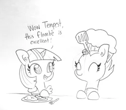 Size: 1651x1440 | Tagged: safe, artist:tjpones, derpibooru import, fizzlepop berrytwist, tempest shadow, twilight sparkle, twilight sparkle (alicorn), alicorn, pony, unicorn, black and white, broken horn, chef's hat, dialogue, duo, ear fluff, eye scar, eyes closed, female, grayscale, hat, horn, lineart, mare, monochrome, scar, spatula, tempest gets her horn back, traditional art
