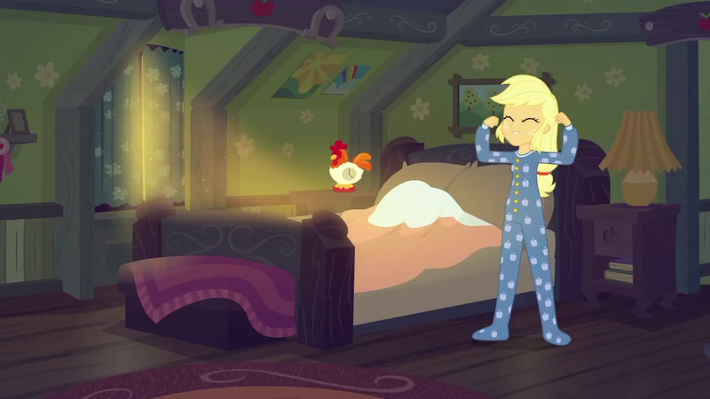 Size: 1280x720 | Tagged: safe, derpibooru import, screencap, applejack, equestria girls, equestria girls series, five to nine, applejack's bedroom, bed, book, clothes, lamp, pajamas, solo, window