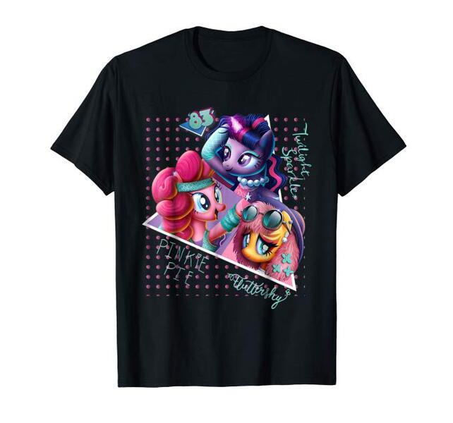 Size: 679x635 | Tagged: 1983, 80s, '83, alicorn, clothes, derpibooru import, fluttershy, hoofgazer fluttershy, official, pinkie pie, pop princess twilight, safe, shirt, t-shirt, twilight sparkle, twilight sparkle (alicorn)