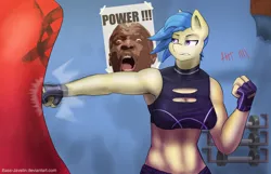 Size: 3100x2000 | Tagged: anthro, armpits, artist:mopyr, clothes, derpibooru import, dumbbell (object), female, fingerless gloves, gloves, oc, oc:camilia, old spice, old spice guy, punching bag, safe, shorts, solo, sports bra, terry crews