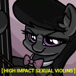 Size: 300x300 | Tagged: safe, artist:plunger, derpibooru import, octavia melody, earth pony, pony, 4chan, bow (instrument), bowtie, cello, drawthread, ear fluff, female, high impact sexual violence, mare, musical instrument, pun, request, subtitles