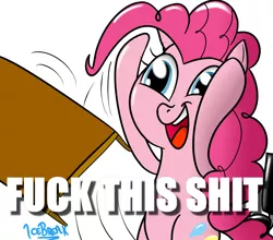 Size: 1280x1128 | Tagged: safe, artist:icebreak23, derpibooru import, pinkie pie, earth pony, pony, caption, female, fuck this shit i'm out, image macro, mare, meme, reaction image, solo, table flip, text, vulgar