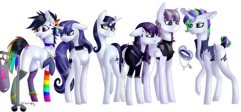 Size: 1824x850 | Tagged: safe, artist:sychia, derpibooru import, inky rose, moonlight raven, oc, oc:gothic note, oc:midnight dew (ice1517), oc:pop candy (ice1517), oc:york ink, earth pony, pegasus, pony, unicorn, icey-verse, ankle bracelet, anklet, bracelet, choker, christmas, christmas stocking, clothes, clothes hanger, commission, ear piercing, earring, eyeshadow, family, female, goth, holiday, inkyraven, jacket, jewelry, leather jacket, lesbian, magical lesbian spawn, makeup, mare, mismatched socks, mother and child, mother and daughter, necklace, next generation, offspring, parent:inky rose, parent:moonlight raven, parents:inkyraven, piercing, price tag, rainbow socks, shipping, shopping, simple background, socks, spiked choker, spiked wristband, striped socks, tail wrap, tanktop, transparent background, wristband