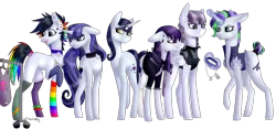 Size: 1824x850 | Tagged: safe, artist:sychia, derpibooru import, inky rose, moonlight raven, oc, oc:gothic note, oc:midnight dew (ice1517), oc:pop candy (ice1517), oc:york ink, earth pony, pegasus, pony, unicorn, icey-verse, ankle bracelet, anklet, bracelet, choker, christmas, christmas stocking, clothes, clothes hanger, commission, ear piercing, earring, eyeshadow, family, female, goth, holiday, inkyraven, jacket, jewelry, leather jacket, lesbian, magical lesbian spawn, makeup, mare, mismatched socks, mother and child, mother and daughter, necklace, next generation, offspring, parent:inky rose, parent:moonlight raven, parents:inkyraven, piercing, price tag, rainbow socks, shipping, shopping, simple background, socks, spiked choker, spiked wristband, striped socks, tail wrap, tanktop, transparent background, wristband