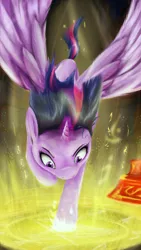 Size: 720x1280 | Tagged: safe, artist:lowelf, derpibooru import, twilight sparkle, twilight sparkle (alicorn), alicorn, pony, female, glowing horn, horn, landing, magic, mare, solo, spread wings, wings