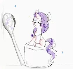 Size: 831x781 | Tagged: safe, artist:aureai-sketches, derpibooru import, rarity, pony, unicorn, :<, chest fluff, ear fluff, eyes closed, female, food, mare, marshmallow, simple background, sitting, sketch, solo, spoon, tiny, tiny ponies, white background
