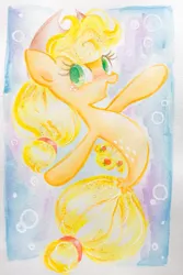 Size: 682x1024 | Tagged: safe, artist:_ichi_ni_san_, derpibooru import, applejack, earth pony, pony, seapony (g4), applejack's hat, cowboy hat, female, hat, looking at you, mare, seaponified, seapony applejack, simple background, solo, species swap, traditional art, transparent background, underwater, watercolor painting