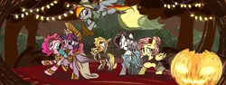 Size: 1280x480 | Tagged: safe, artist:colorfulcolor233, derpibooru import, applejack, fluttershy, pinkie pie, rainbow dash, rarity, twilight sparkle, twilight sparkle (alicorn), alicorn, earth pony, pegasus, pony, unicorn, accessory theft, applejack's hat, armor, clothes, cowboy hat, dress, female, halloween, hat, holiday, jack-o-lantern, mane six, mare, nightmare night, pumpkin, tongue out