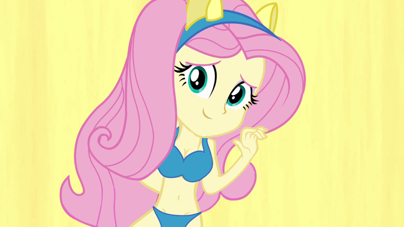 Size: 1005x565 | Tagged: safe, derpibooru import, edit, edited screencap, editor:grapefruitface, screencap, fluttershy, equestria girls, equestria girls (movie), belly button, bikini, clothes, midriff, solo, swimsuit, underwear, underwear edit, waving