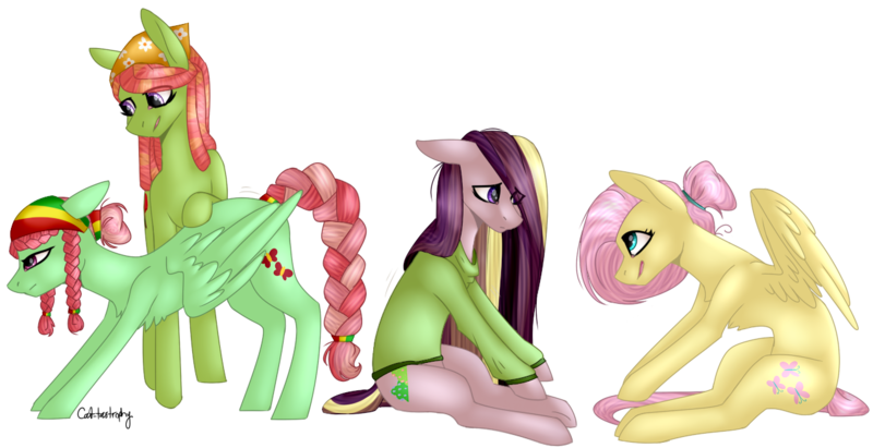 Size: 1272x653 | Tagged: safe, artist:sychia, derpibooru import, fluttershy, tree hugger, oc, oc:shy meadows, oc:summer song (ice1517), pegasus, pony, icey-verse, alternate hairstyle, bandana, clothes, female, flutterhugger, focused, hair bun, hair over one eye, lesbian, magical lesbian spawn, mare, nervous, next generation, offspring, parent:fluttershy, parent:tree hugger, parents:flutterhugger, shipping, shy, signature, simple background, stretching, sweater, transparent background, underhoof