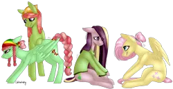 Size: 1272x653 | Tagged: safe, artist:sychia, derpibooru import, fluttershy, tree hugger, oc, oc:shy meadows, oc:summer song (ice1517), pegasus, pony, icey-verse, alternate hairstyle, bandana, clothes, female, flutterhugger, focused, hair bun, hair over one eye, lesbian, magical lesbian spawn, mare, nervous, next generation, offspring, parent:fluttershy, parent:tree hugger, parents:flutterhugger, shipping, shy, signature, simple background, stretching, sweater, transparent background, underhoof