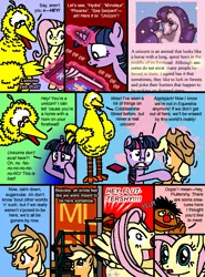 Size: 569x771 | Tagged: applejack, artist:hirake! pony key, big bird, book, cobblestone street, comic, crossover, derpibooru import, ernie, fluttershy, g2, my little pony meets sesame street, safe, sesame street, twilight sparkle