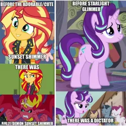 Size: 720x717 | Tagged: safe, derpibooru import, edit, edited screencap, screencap, starlight glimmer, sunset shimmer, equestria girls, equestria girls (movie), equestria girls series, rollercoaster of friendship, the crystalling, the cutie map, before and after, caption, crown, cute, cutie mark, equality mark, female, geode of empathy, image macro, jewelry, magical geodes, mane, mare, meme, necklace, op started shit, our town, regalia, s5 starlight, sharp teeth, smiling, sunset vs starlight debate, teeth, text