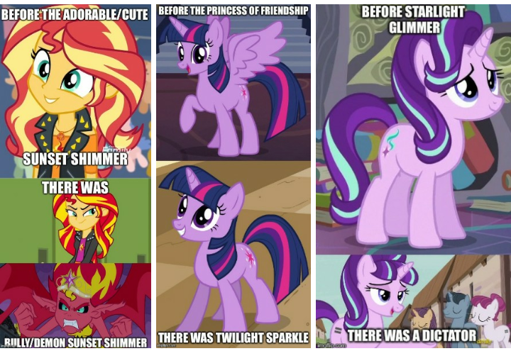 Size: 720x495 | Tagged: safe, derpibooru import, edit, edited screencap, screencap, starlight glimmer, sunset shimmer, twilight sparkle, twilight sparkle (alicorn), alicorn, pony, unicorn, a canterlot wedding, equestria girls, equestria girls (movie), equestria girls series, rollercoaster of friendship, the crystalling, the cutie map, before and after, bully, caption, cropped, crown, cute, cutie mark, equality mark, female, geode of empathy, image macro, jewelry, magical geodes, mane, mare, meme, necklace, our town, raised hoof, regalia, sharp teeth, smiling, spread wings, sunset satan, teeth, text, unicorn twilight, wings