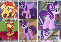 Size: 720x495 | Tagged: safe, derpibooru import, edit, edited screencap, screencap, starlight glimmer, sunset shimmer, twilight sparkle, twilight sparkle (alicorn), alicorn, pony, unicorn, a canterlot wedding, equestria girls, equestria girls (movie), equestria girls series, rollercoaster of friendship, the crystalling, the cutie map, before and after, bully, caption, cropped, crown, cute, cutie mark, equality mark, female, geode of empathy, image macro, jewelry, magical geodes, mane, mare, meme, necklace, our town, raised hoof, regalia, sharp teeth, smiling, spread wings, sunset satan, teeth, text, unicorn twilight, wings