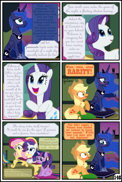 Size: 3254x4837 | Tagged: safe, artist:gutovi, derpibooru import, applejack, fluttershy, pinkie pie, princess luna, rainbow dash, rarity, twilight sparkle, twilight sparkle (alicorn), alicorn, earth pony, pegasus, pony, unicorn, comic:why me!?, bed, blushing, broken window, comic, couch, cushion, female, mane six, mare, shipper on deck, starry eyes, sweat, window, wingding eyes