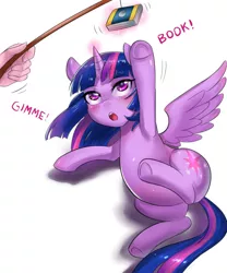 Size: 600x720 | Tagged: safe, artist:tzc, derpibooru import, twilight sparkle, twilight sparkle (alicorn), alicorn, human, pony, adorkable, behaving like a cat, blushing, book, cat toy, cute, dialogue, dork, female, frog (hoof), glowing horn, horn, looking up, magic, mare, that pony sure does love books, twiabetes, twilight cat, underhoof