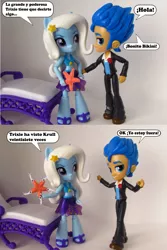 Size: 902x1349 | Tagged: safe, artist:whatthehell!?, derpibooru import, flash sentry, trixie, equestria girls, chair, clothes, doll, equestria girls minis, eqventures of the minis, irl, krull, photo, ponied up, sandals, sarong, spanish, stars, swimsuit, toy, tuxedo