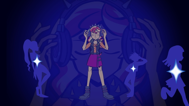 Size: 3840x2160 | Tagged: safe, artist:trinityinyang, derpibooru import, sunset shimmer, equestria girls, equestria girls series, overpowered (equestria girls), clothes, commission, eyes closed, female, headphones, parody, silhouette, solo, square enix, the world ends with you, zoom layer