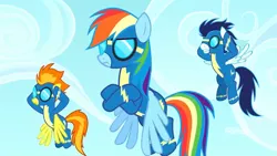 Size: 1920x1080 | Tagged: angry face, clothes, covering ears, crossed arms, derpibooru import, discovery family, goggles, rainbow dash, safe, screencap, soarin', spitfire, uniform, wonderbolts, wonderbolts uniform, yakity-sax