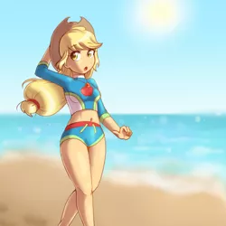 Size: 1000x1000 | Tagged: safe, artist:sagwamat, derpibooru import, applejack, equestria girls, equestria girls series, forgotten friendship, applejack's hat, beach, belly button, clothes, cowboy hat, cute, female, geode of super strength, hat, jackabetes, looking at you, magical geodes, midriff, solo, stetson, swimsuit, thighs